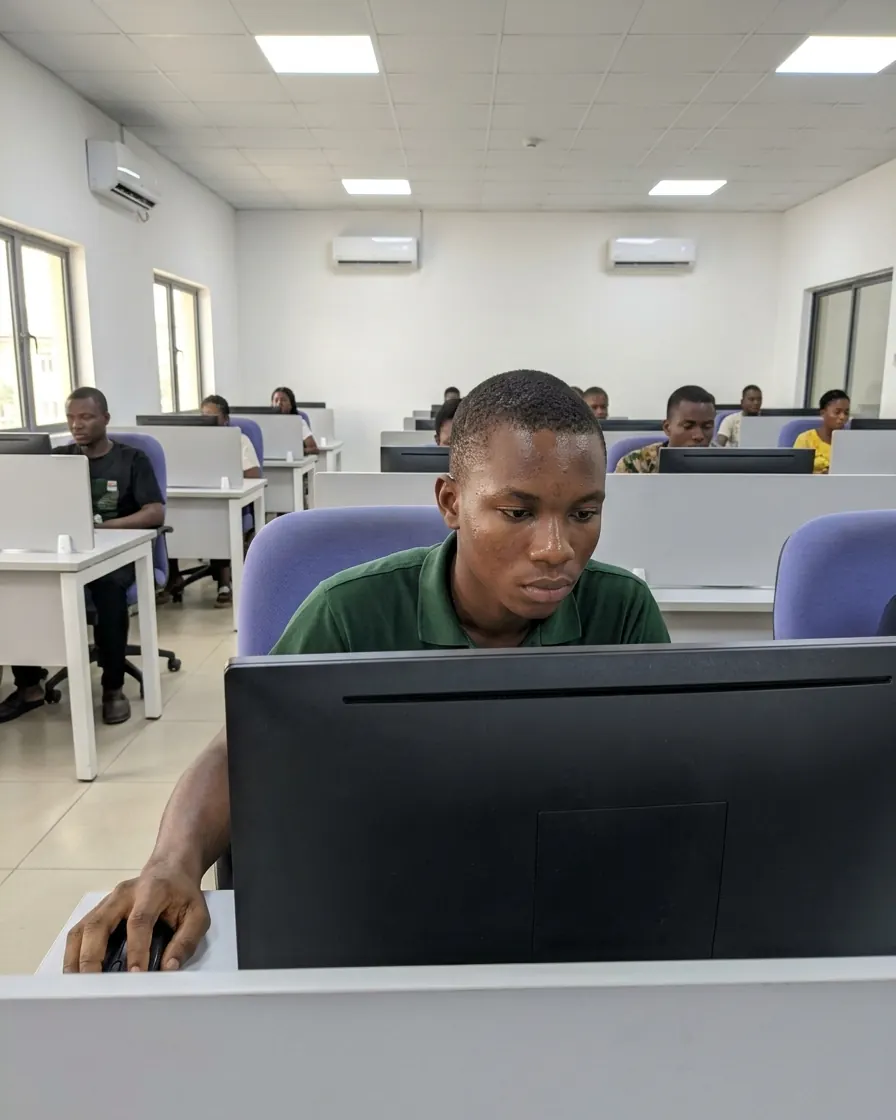 A candidate concentrating at a computer in a test centre