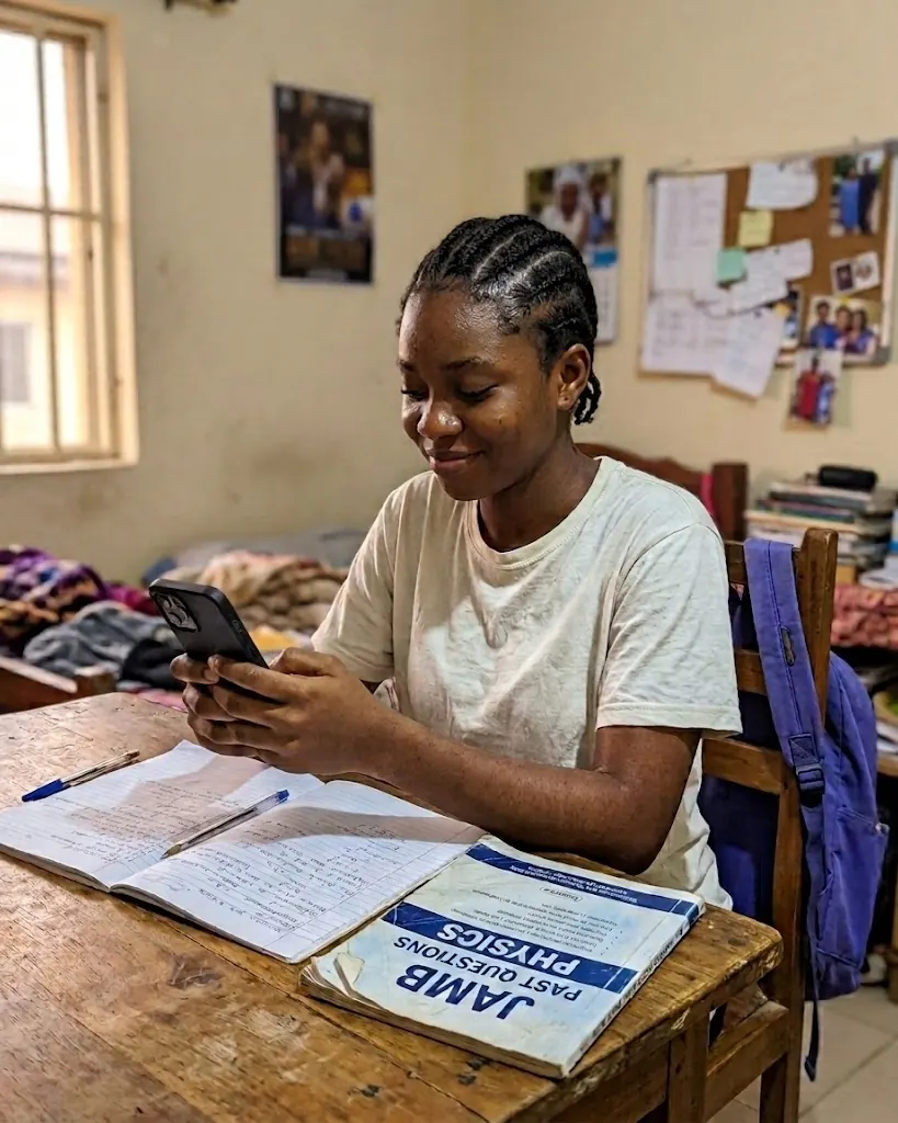 A student at her desk at home, smiling as she reads her phone
